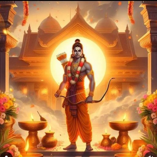 An illustration of Lord Rama with a bow, in front of a temple backdrop, flanked by lit oil lamps and flowers