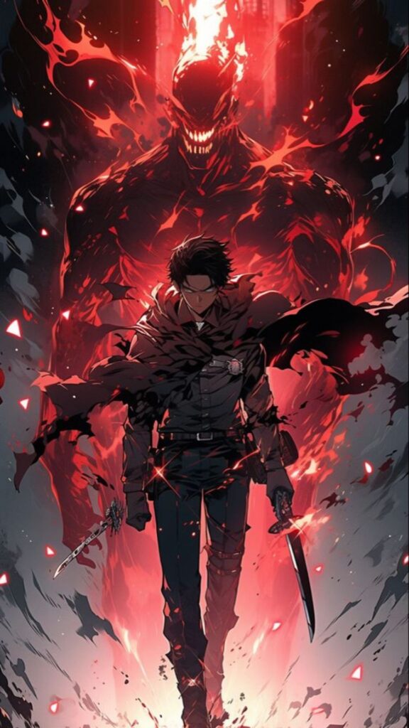 An illustration of a person with swords standing before a giant fiery monster