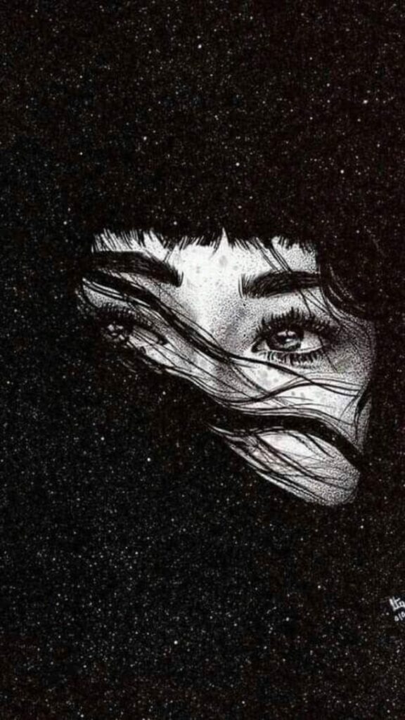 An illustration of a person's eyes peeking through dark draped fabric against a starry night backdrop.