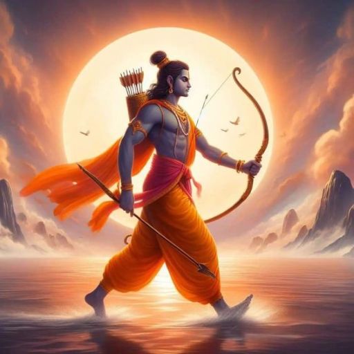 An illustration of a warrior in traditional attire with a bow, set against a large sun and a tranquil sea