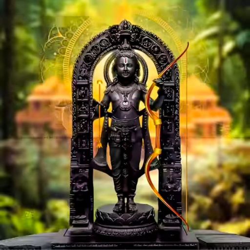 An intricately carved black statue of a figure with a bow, set against a blurred temple background