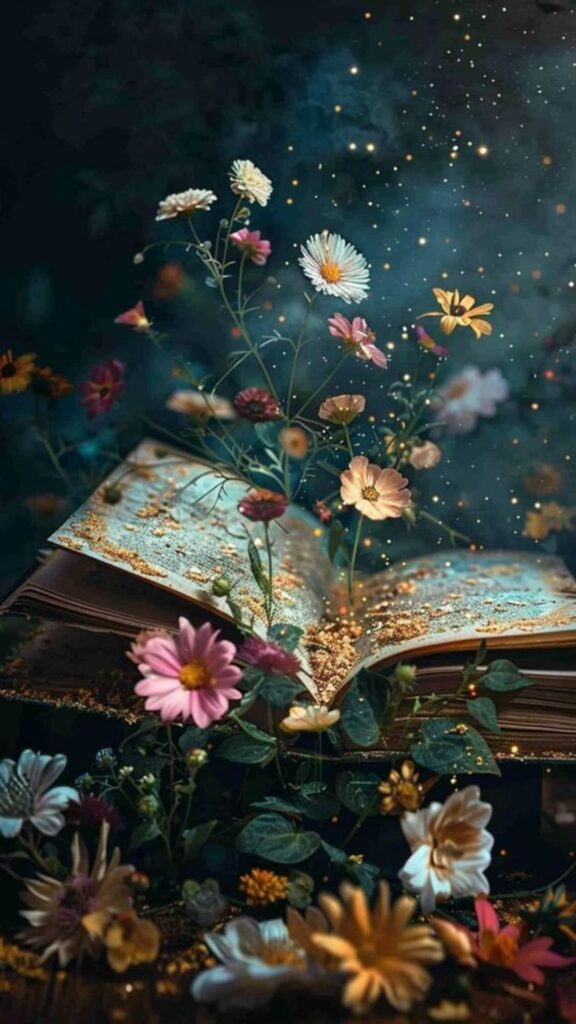 An open book with gold edges and twinkling lights, surrounded by blooming flowers against a dark background