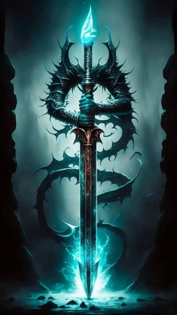 An ornate fantasy sword with a glowing blue flame at the hilt, set against a dark mystical background