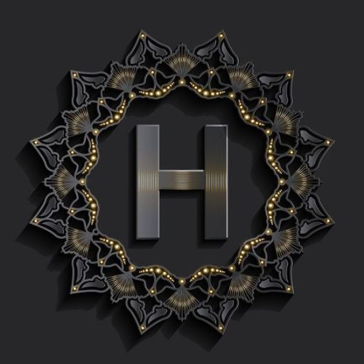 An ornate letter 'H' with a 3D effect, surrounded by a decorative geometric frame with light accents on a dark background