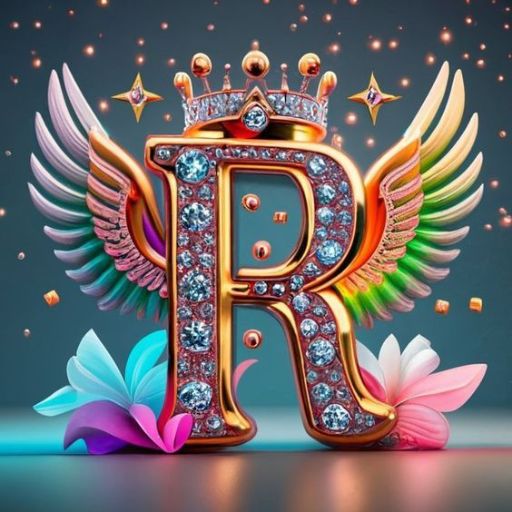 An ornate letter _R_ adorned with jewels, a crown on top, wings, and colorful flowers against a sparkly background