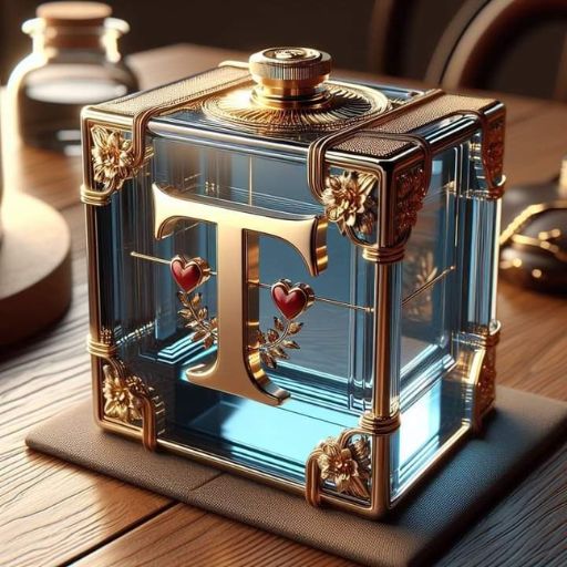 An ornate perfume bottle with a golden _T_ and heart designs on a wooden surface