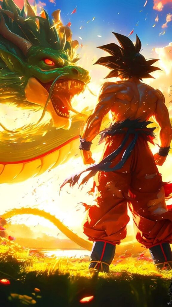 Animated character facing a giant dragon amidst a fiery, colorful backdrop