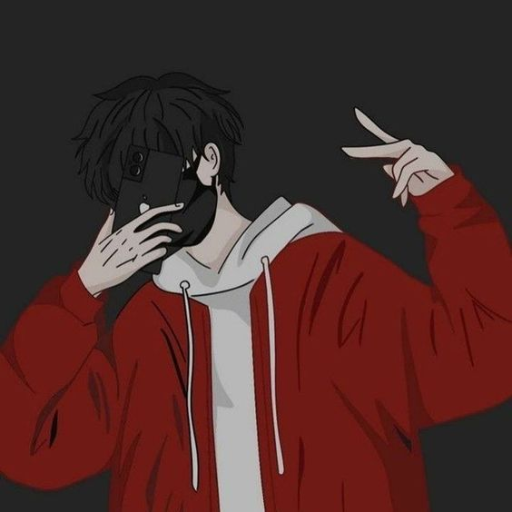 Animated character in red hoodie taking a selfie and doing a peace sign