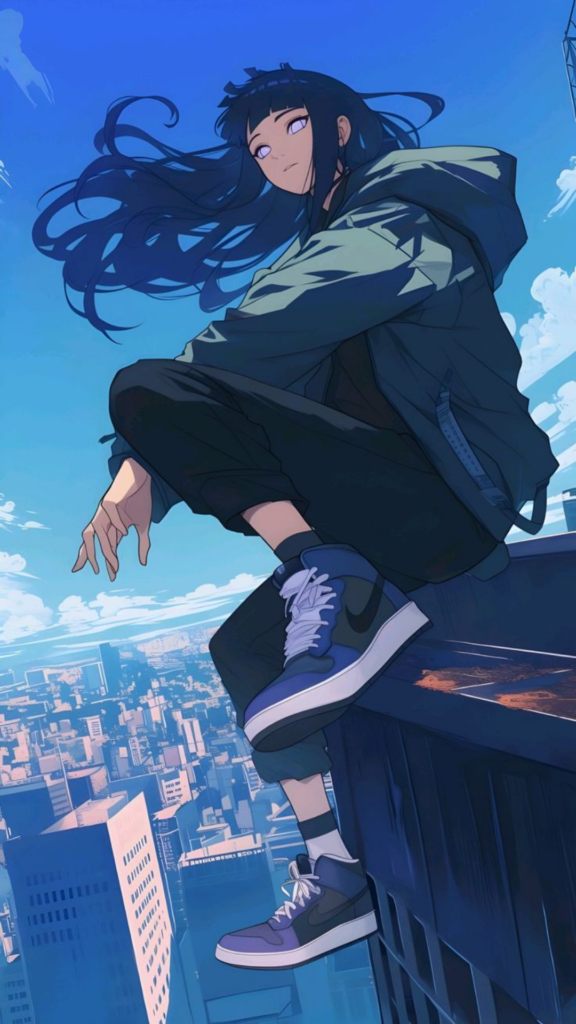 Animated character with flowing hair sitting on a skyscraper edge overlooking a city