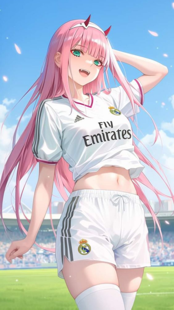 Animated character with pink hair in Real Madrid soccer kit, standing in a stadium