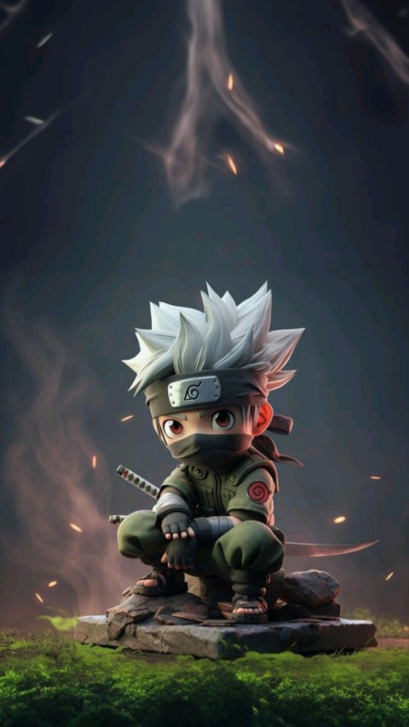 Animated character with spiky hair, meditating with a sword on his back, surrounded by floating embers