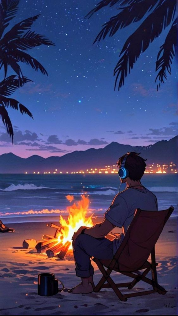 Animated person in headphones sitting by a beachside campfire at night, with a starry sky and city lights in the distance