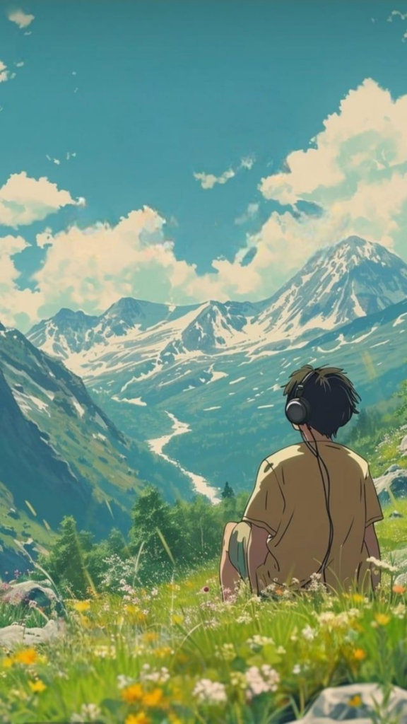 Animated person with headphones sitting in a grassy meadow, mountains and blue sky in the background