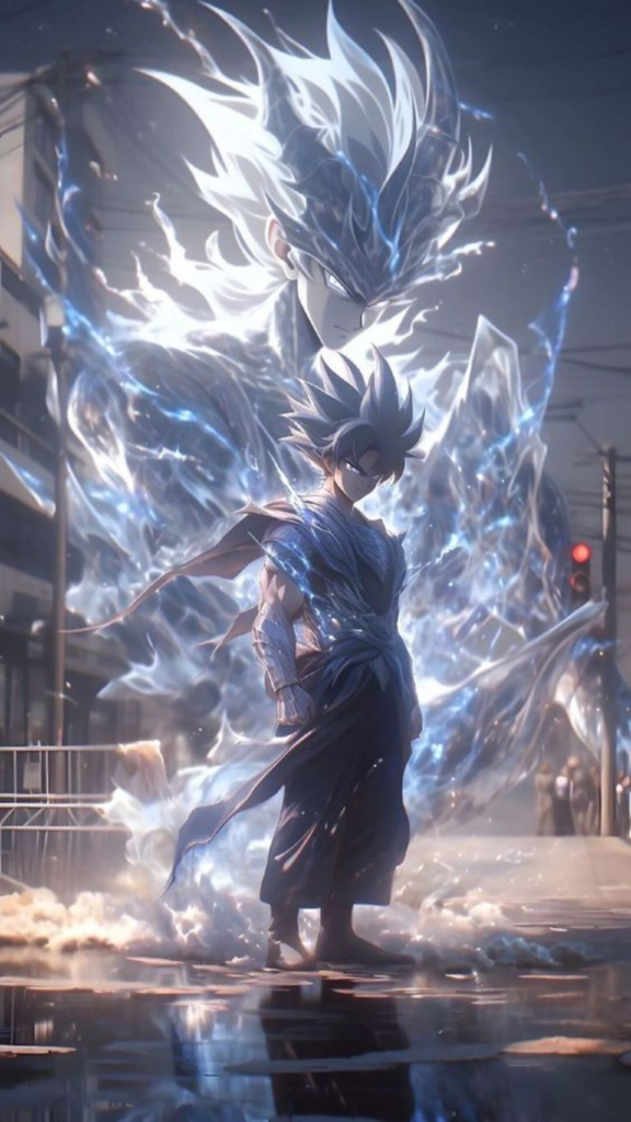 Anime character with a glowing, ethereal blue energy aura on an urban street