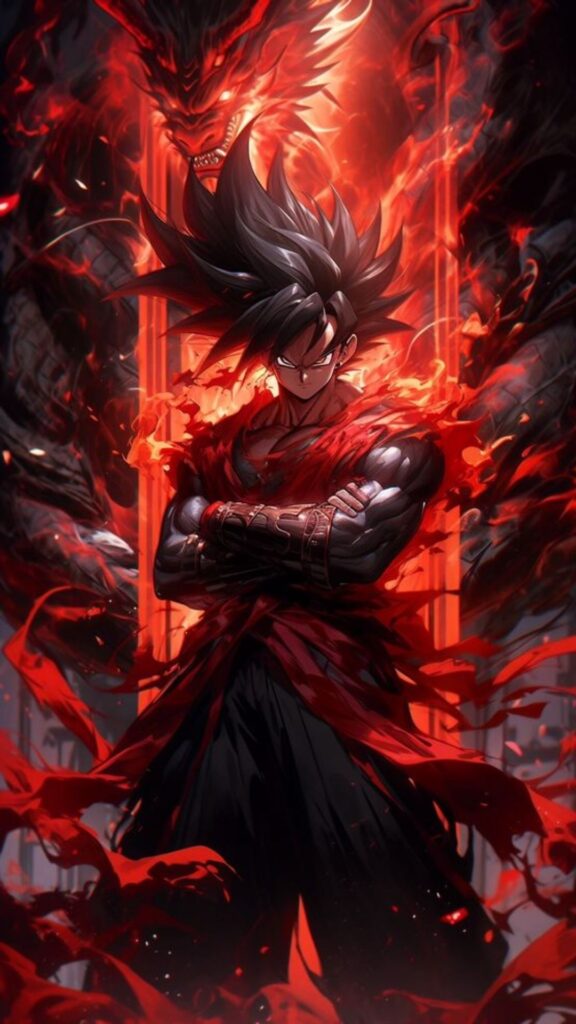 Anime character with spiky hair and red aura, standing with arms crossed, fiery monstrous figure in background