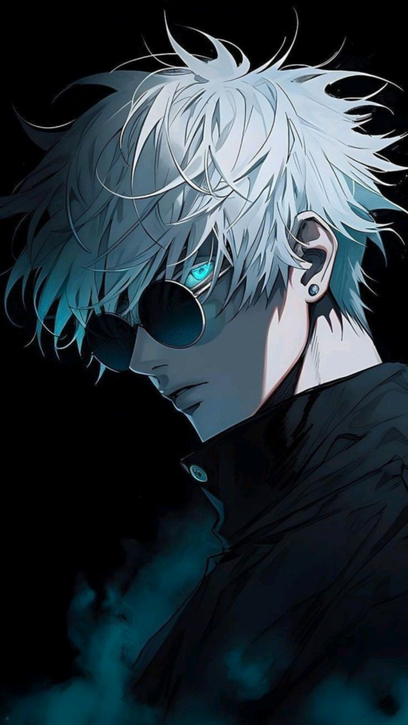 Anime character with white hair and earring, wearing a dark coat with a misty blue background