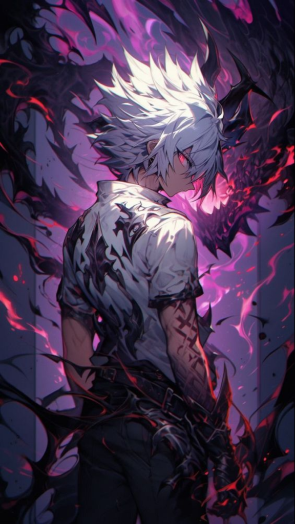 Anime-style artwork of a white-haired character with red eyes standing amid dark, swirling energy