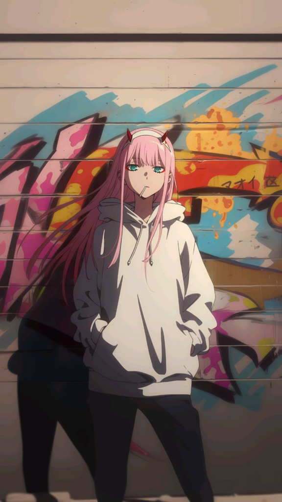 Anime-style character with pink hair in a white hoodie standing before a colorful graffiti wall