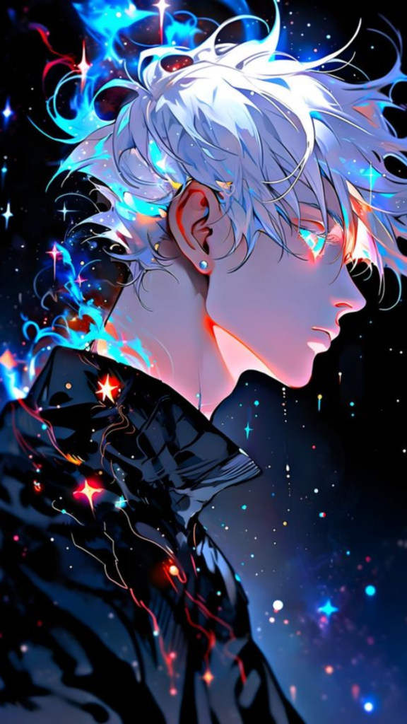 Anime-style character with white hair and glowing blue and red accents on a starry background