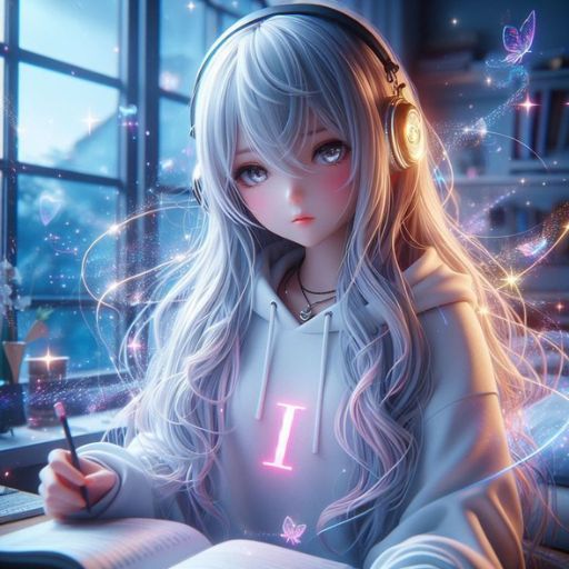 Anime-style girl with headphones writing in a book, surrounded by glowing butterflies and stars indoors