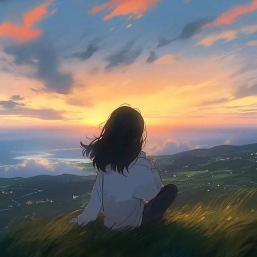 Anime-style illustration of a person sitting on a grassy hill at sunset, overlooking the sea