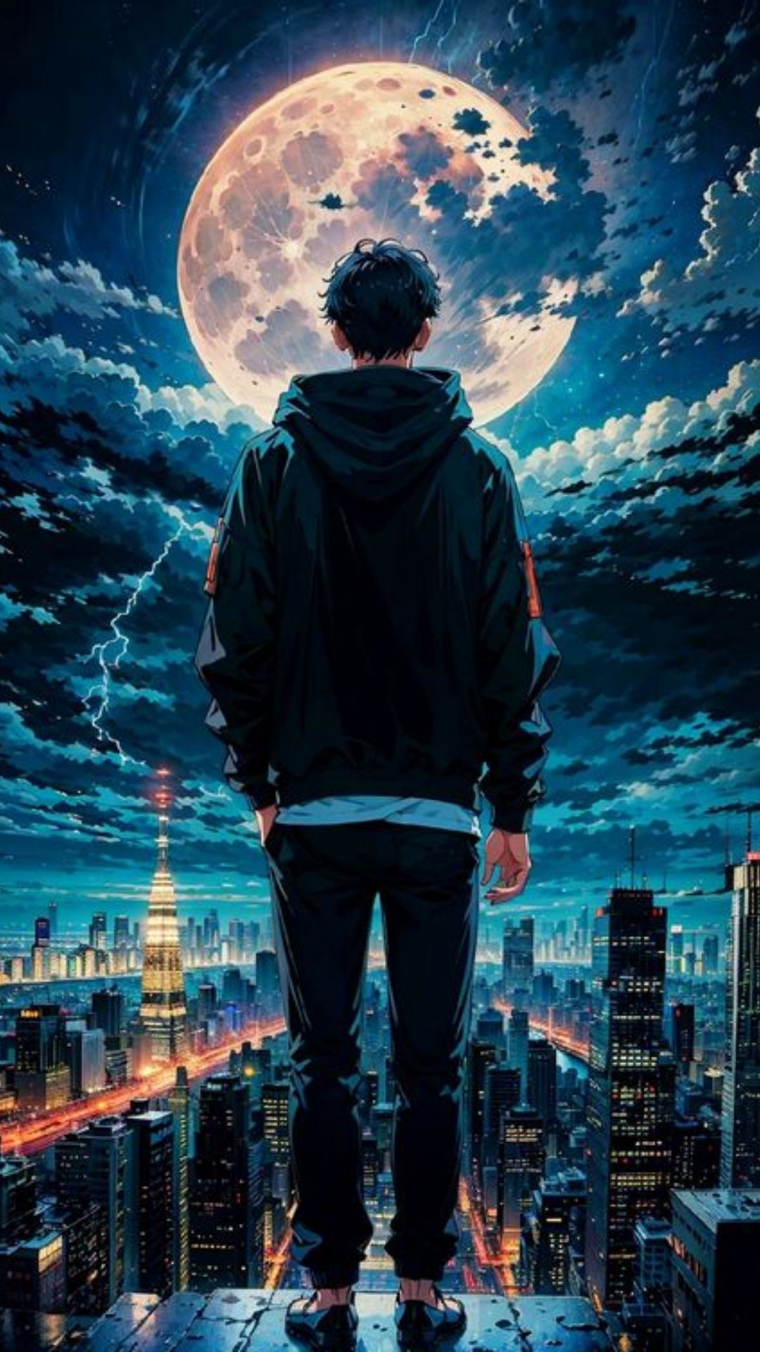 Anime style person standing overlooking a city at night with a large, luminous moon and streaks of lightning above