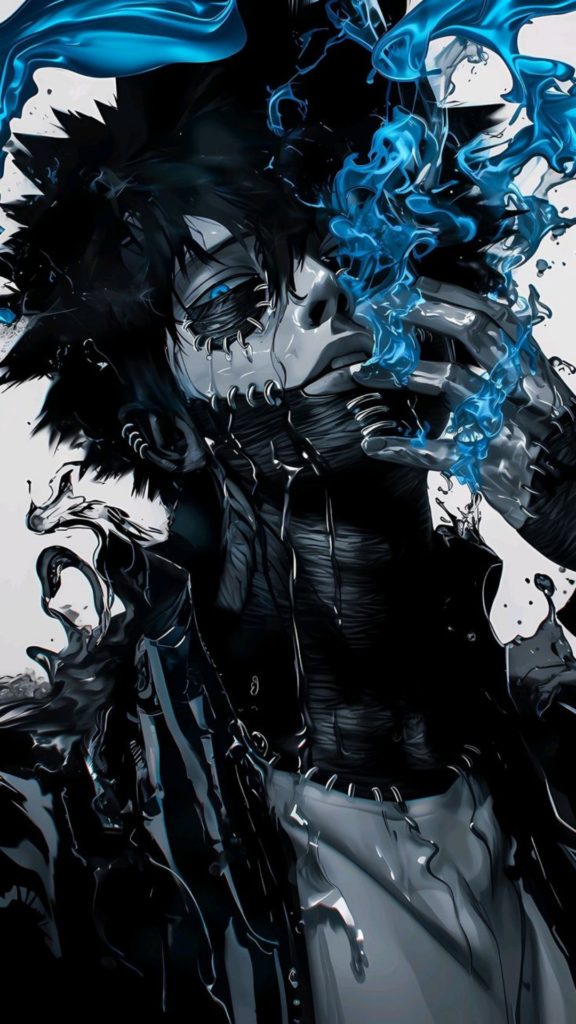 Artistic depiction of a character with dark hair and glowing blue smoke effects against a black backdrop