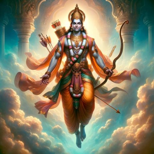 Artistic depiction of multi-armed deity in regal attire holding bow and arrow, amidst clouds and light