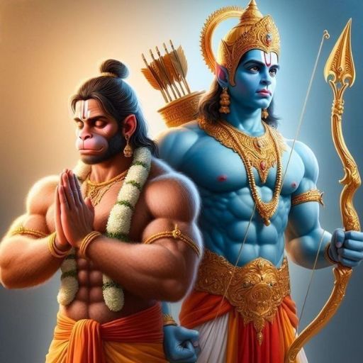 Artwork of two Hindu deity figures, one holding a bow and the other with folded hands