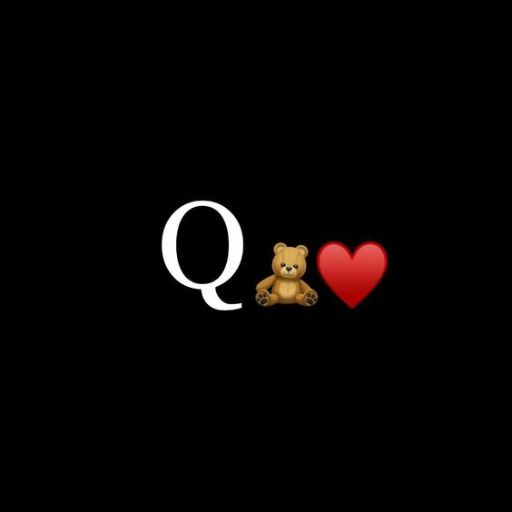 Black background with a white letter _Q,_ a teddy bear emoji, and a red heart emoji in a row