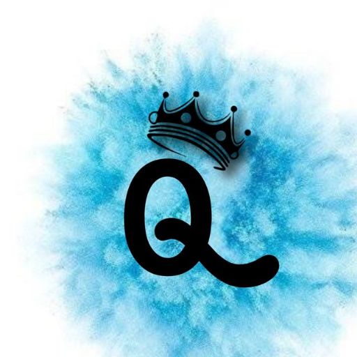 Black letter 'Q' with a crown above it, centered on a blue watercolor background