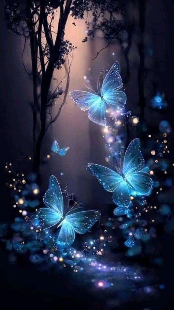 Blue glowing butterflies with sparkling lights on a dark, mystic background