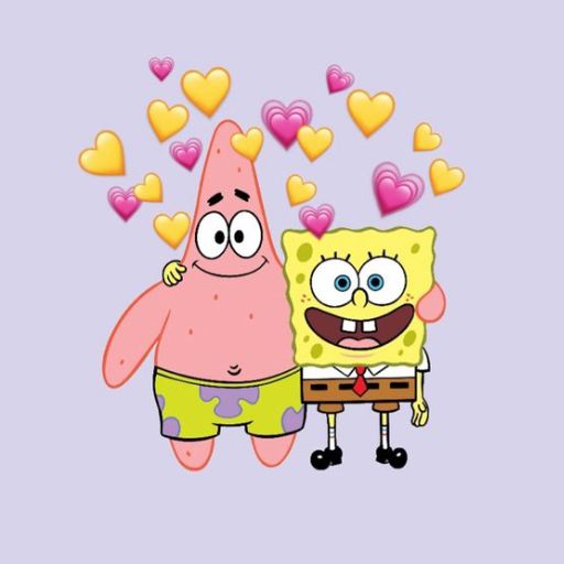 Cartoon of SpongeBob and Patrick smiling with hearts floating around, on a purple background