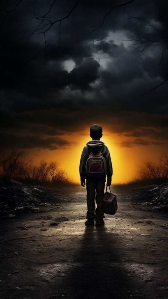 Child with backpack standing on a dark road, facing a bright sunset