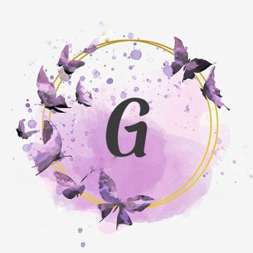 Circular gold frame with purple watercolor splashes and butterflies surrounding a central letter _G