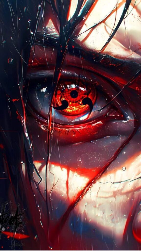 Close-up digital art of an eye with a red and black Sharingan design, amidst a vibrant, shattered glass effect