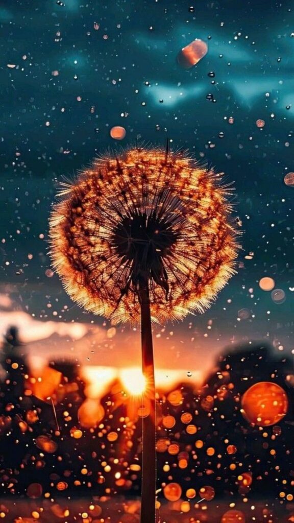 Close-up of a dandelion against a sunset with glowing water droplets around it