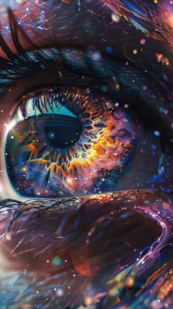 Close-up of an eye with a cosmic galaxy reflection on the iris