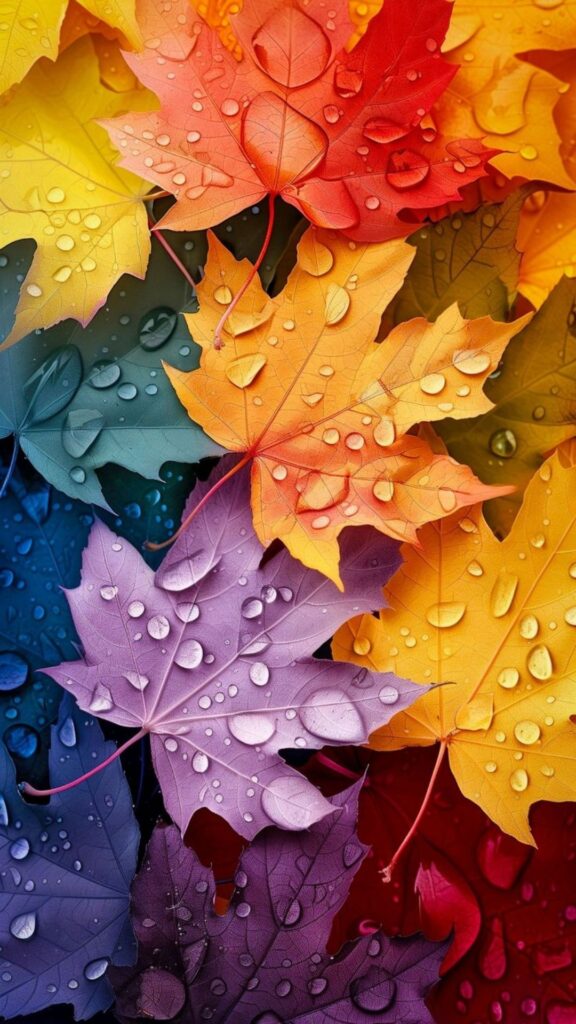 Colorful autumn leaves with water droplets gathered on the surface