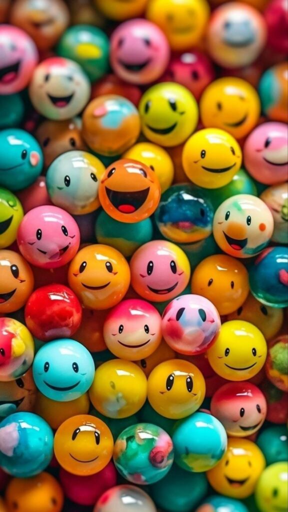 Colorful bouncy balls with various smiley faces close together