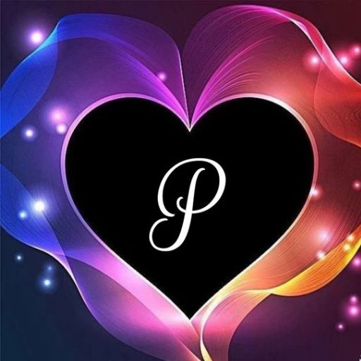 Colorful heart-shaped design with a letter _P_ in the center, surrounded by glowing lights on a dark background