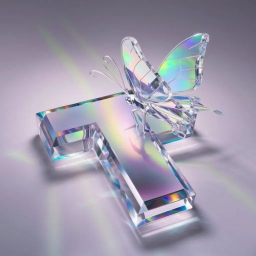 Crystal butterfly resting on a glass letter _K_ with reflective rainbow colors on a light background