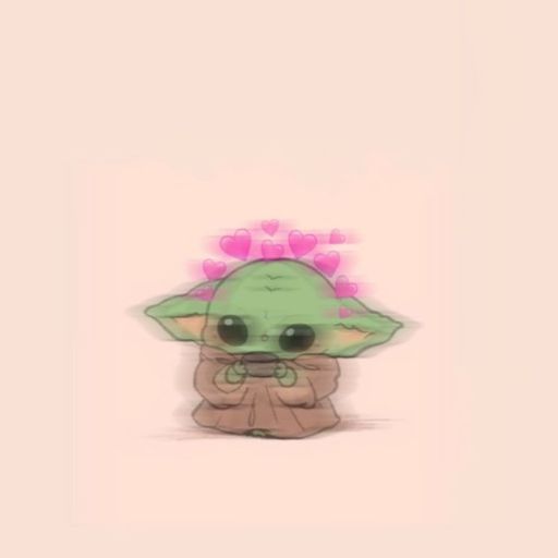 Cute illustration of the character Baby Yoda with hearts floating above its head