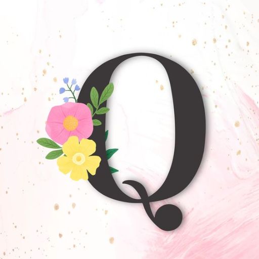 Decorative letter Q with flowers on a pink marbled background