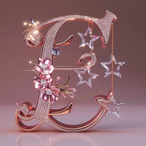 Decorative letter _E_ adorned with diamonds, stars, and pink flowers on a soft purple background