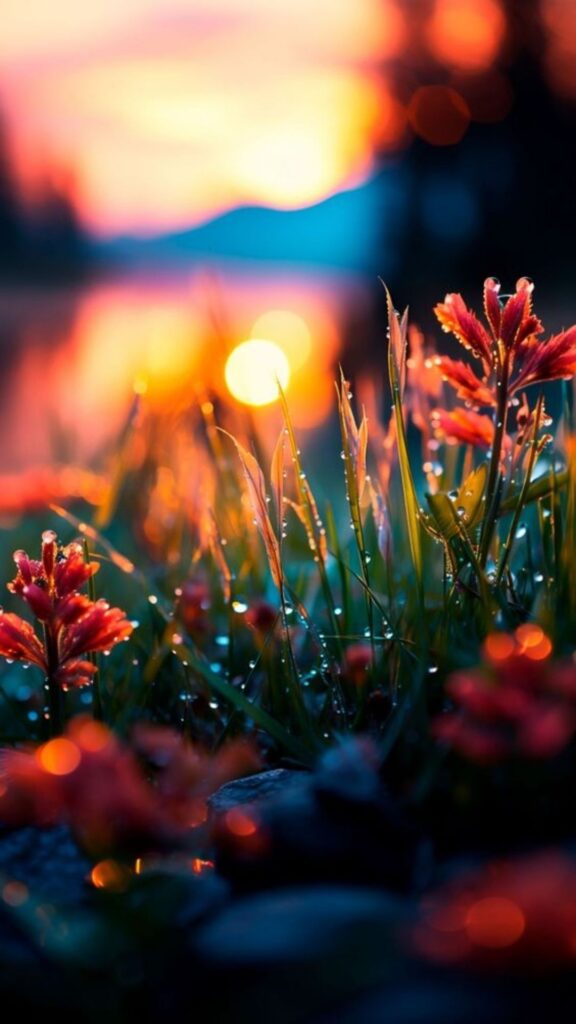 Dew-covered flowers against a soft-focus sunset over a tranquil lake