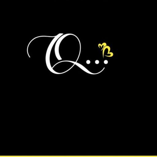 Elegant white calligraphy letter Q with a yellow crown accent on a black background