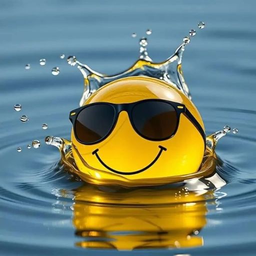 Emoji with sunglasses splashing into water, creating droplets and ripples around