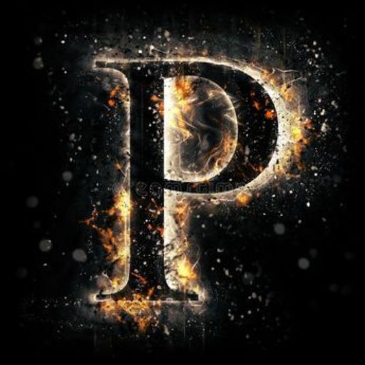 Fiery letter P with sparks on a dark background