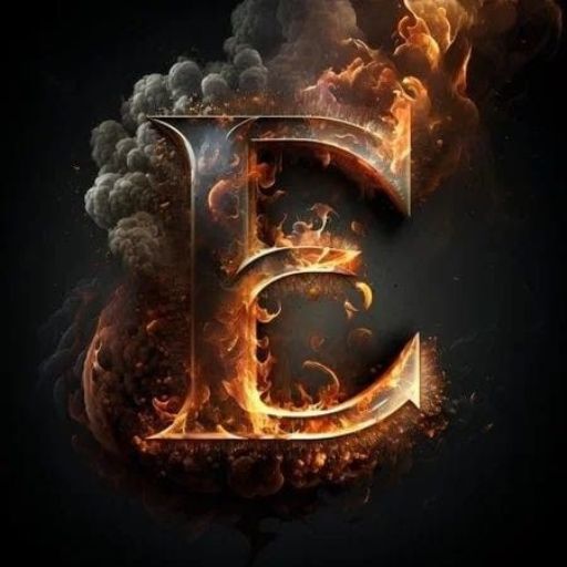 Flaming letter _E_ with smoke and sparks on a dark background